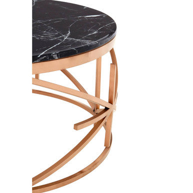 Alvaro black marble round coffee table with rose gold finish frame, close up view 1