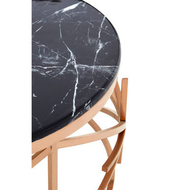 Alvaro black marble round coffee table with rose gold finish frame, close up view 2