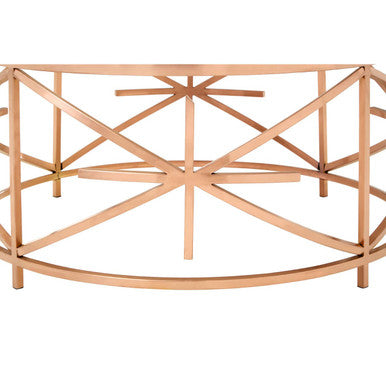 Alvaro black marble round coffee table with rose gold finish frame, close up view 3