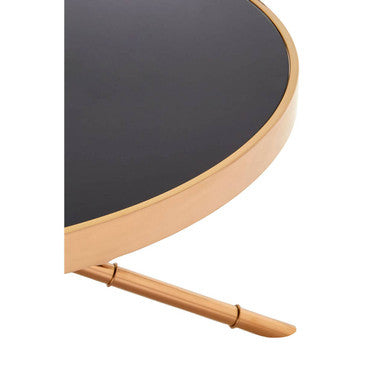 Round black tray with a wooden base on a white background