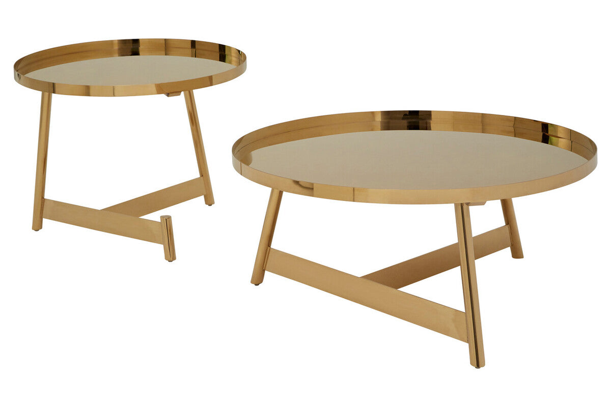Two round gold coffee tables on a white background