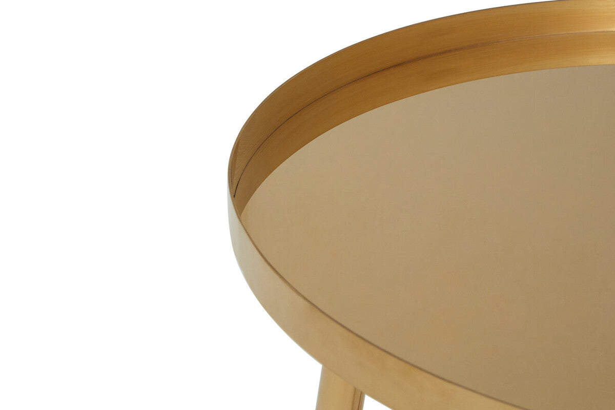 Round wooden table with a beige top on a white background