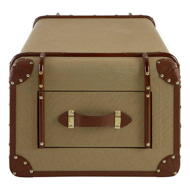 Beige suitcase with brown leather straps on a white background