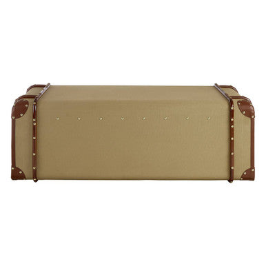 Beige suitcase with brown leather accents on a white background