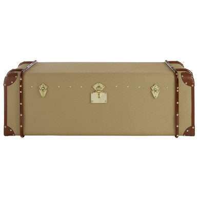 Beige suitcase with brown accents on a white background