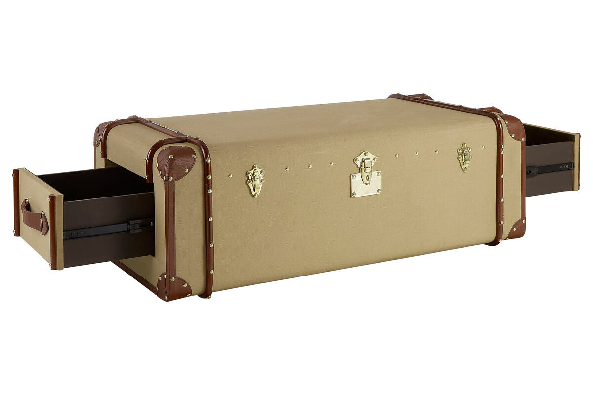 Beige storage trunk with brown accents and two drawers on a white background