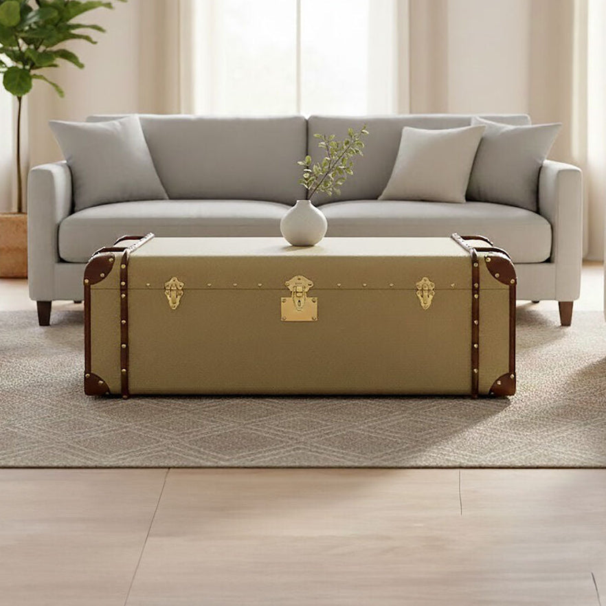 Beige trunk coffee table in a living room setting with a sofa and plant.