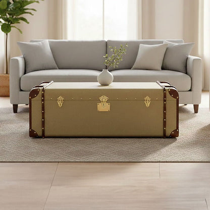 Beige trunk coffee table in a living room setting with a sofa and plant.