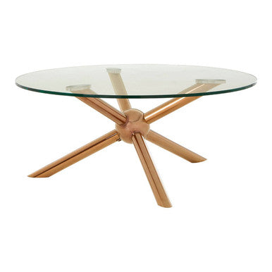 Glass-top coffee table with wooden star-shaped base on a white background