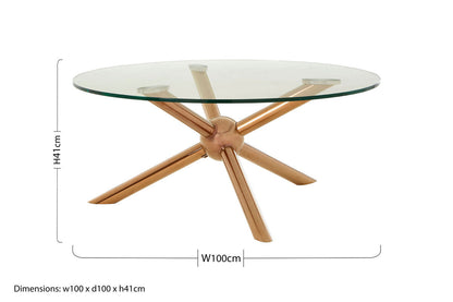 Glass table with bronze star-shaped base and dimensions on a white background