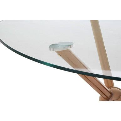 Glass dining table with wooden legs on a white background