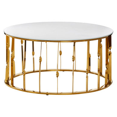 Round coffee table with gold metal frame and white marble top on a white background