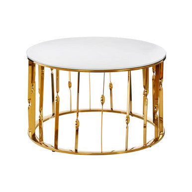 Round coffee table with gold metal frame and white marble top on a white background