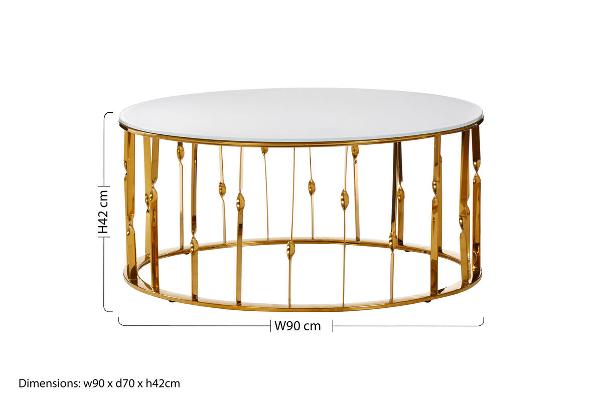 Gold-framed coffee table with white marble top and dimensions on a white background
