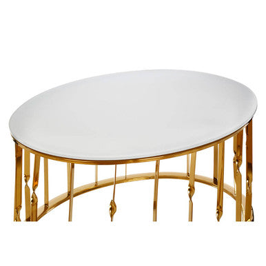 Round coffee table with gold metal frame and white marble top on a white background