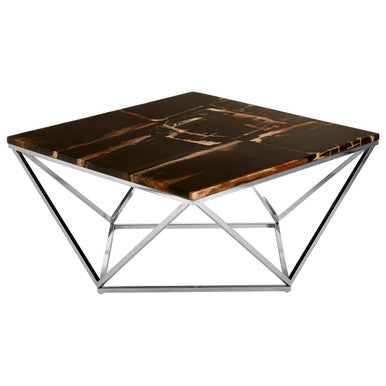 Relic dark petrified wood coffee table with gold brass base, tabletop detail