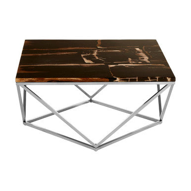 Relic dark petrified wood coffee table with gold brass base, side angle