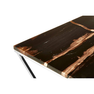 Relic dark petrified wood coffee table with gold brass base, close up view 1