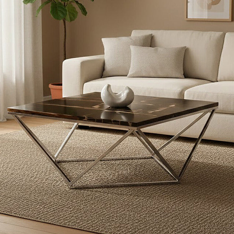Relic dark petrified wood coffee table with gold brass base, front view