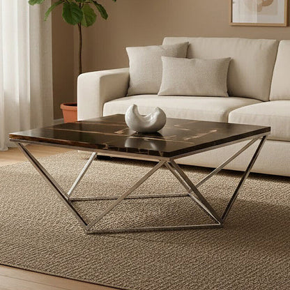 Relic dark petrified wood coffee table with gold brass base, front view