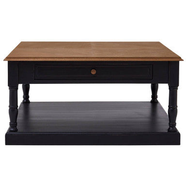 Loire black and natural wood 1 drawer coffee table, tabletop detail