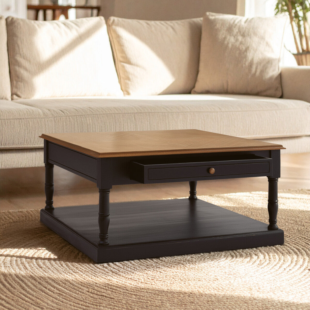 Loire black and natural wood 1 drawer coffee table, styled living room 1