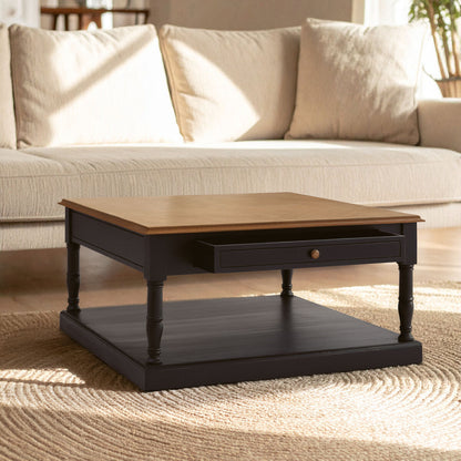 Loire black and natural wood 1 drawer coffee table, front view