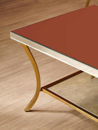 Kensington mirrored gold leg coffee table, close up view 1