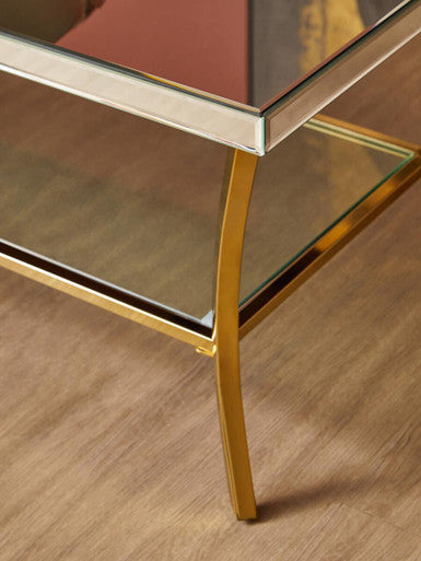 Kensington mirrored gold leg coffee table, shelf detail