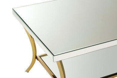 Kensington mirrored gold leg coffee table, close up view 2