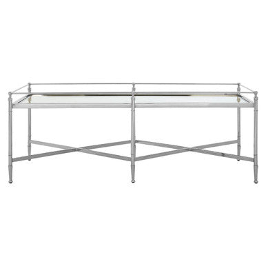 Zach mirrored glass cross frame coffee table, side angle