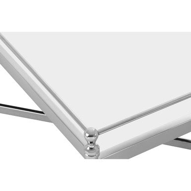 Zach mirrored glass cross frame coffee table, close up view 1