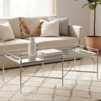 Zach mirrored glass cross frame coffee table, front view