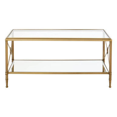 Axis clear glass 2 tier gold frame coffee table, side angle