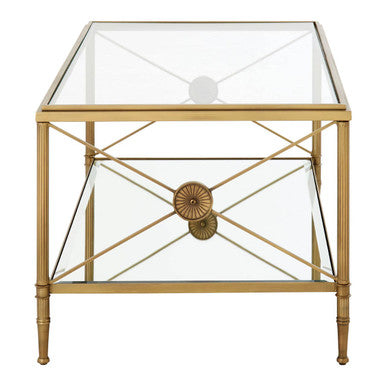 Axis clear glass 2 tier gold frame coffee table, shelf detail