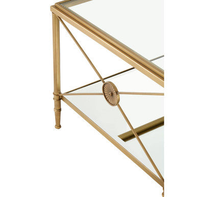Axis clear glass 2 tier gold frame coffee table, close up view 1