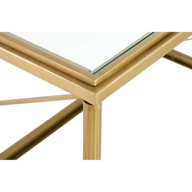 Axis clear glass 2 tier gold frame coffee table, close up view 2