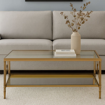 Axis clear glass 2 tier gold frame coffee table, front view