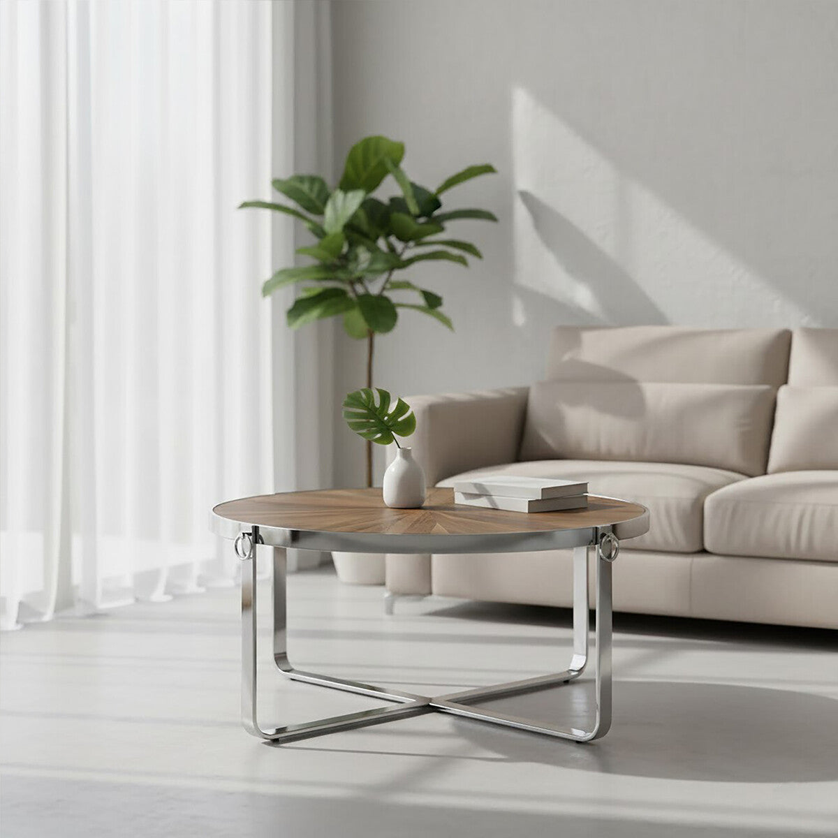 Mitra elm wood parquet coffee table, styled living room 1