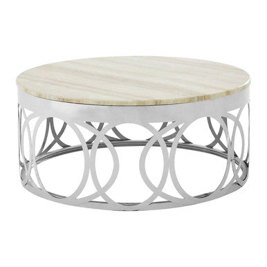 Yasmin white marble circular base coffee table, side angle