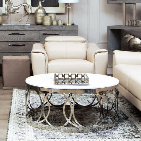 Yasmin white marble circular base coffee table, styled living room