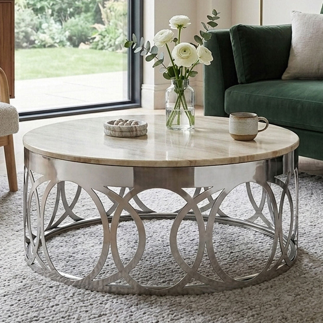 Yasmin white marble circular base coffee table, front view