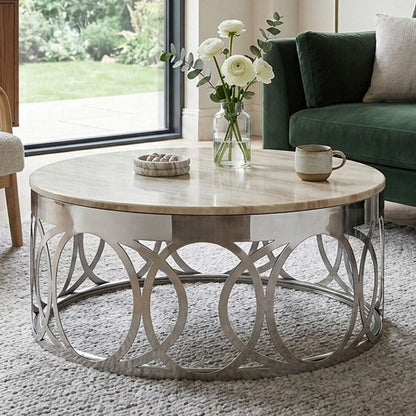 Yasmin white marble circular base coffee table, front view
