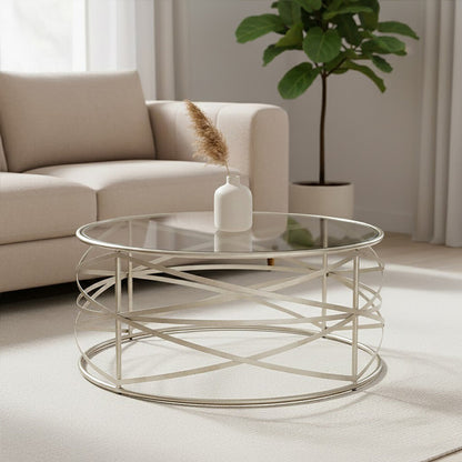 Rubia clear glass silver coffee table, styled living room