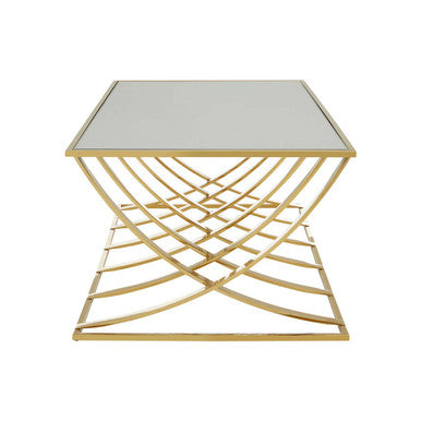 Reena mirrored top gold finish coffee table, close up view 1