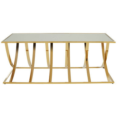 Reena mirrored top gold finish coffee table, side angle