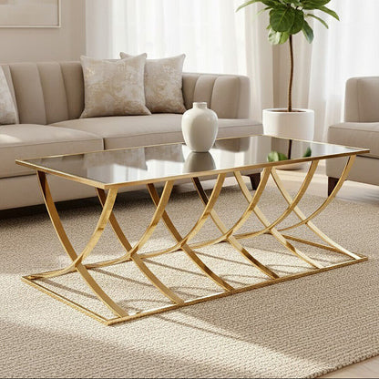 Reena mirrored top gold finish coffee table, front view
