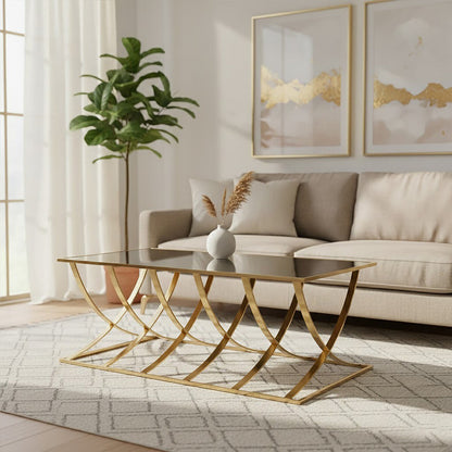 Reena mirrored top gold finish coffee table, styled living room 1