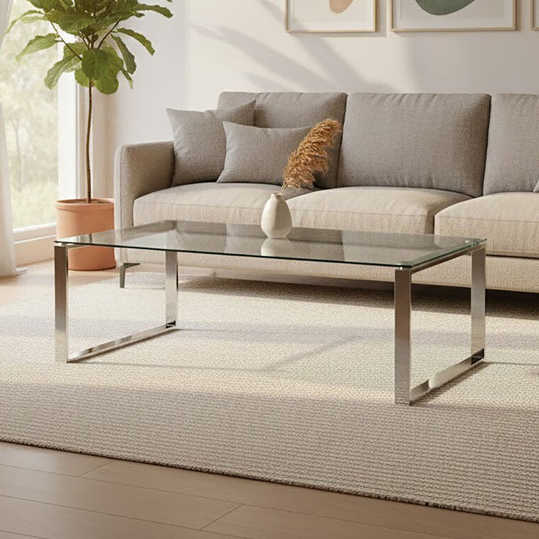 Allure silver rectangular black glass coffee table, front view