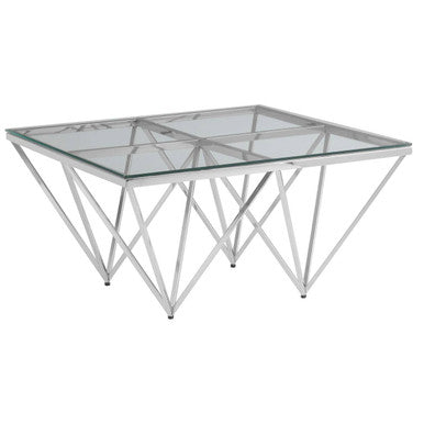 Allure clear glass square silver base coffee table, tabletop detail